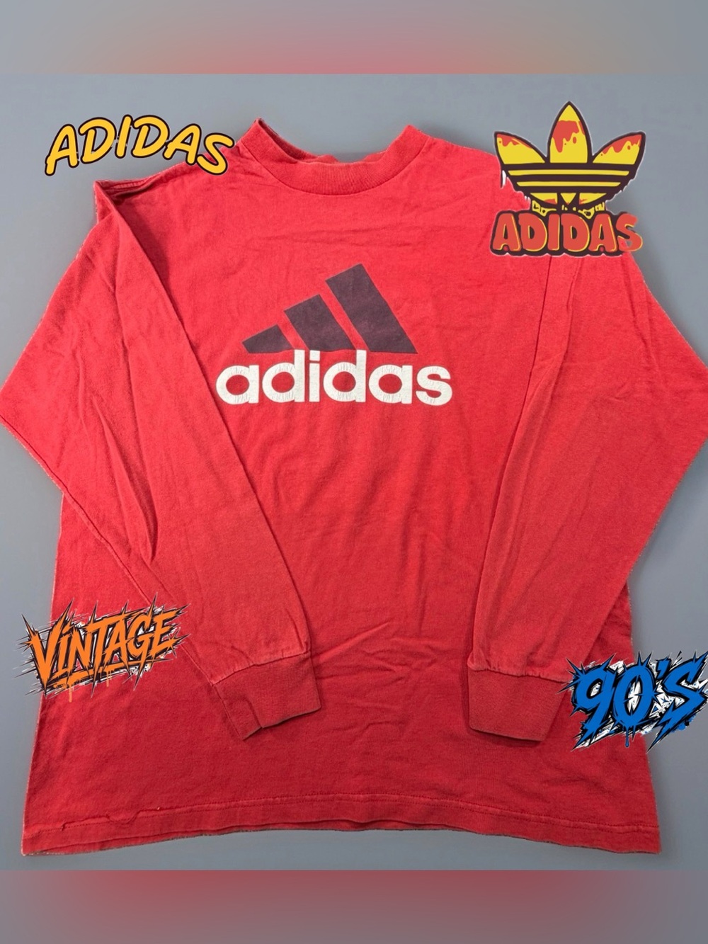 Vintage 90s Adidas Long Sleeve Shirt L Made In USA Red Big Logo Spellout 22x25.5
